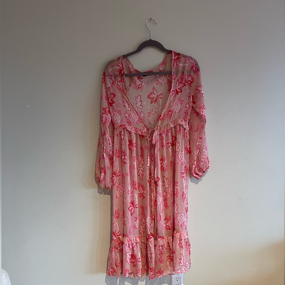 Sheer pink tie front duster/swim cover